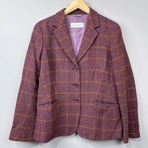 Max Mara Tweed Blazer Jacket Size L Alpaca Wool‎ Purple Windowpane Plaid
